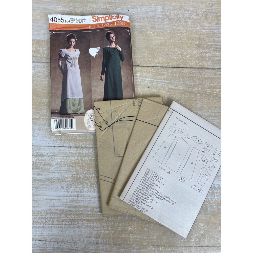 Sewing pattern Simplicity 4055 misses costume dress 1795-1825 size 14-20 UNCUT